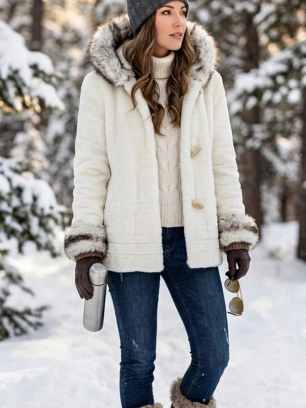 Penman's Vintage Y2K Cream Faux Fur Trim Hooded Nordic Style Winter Jacket M